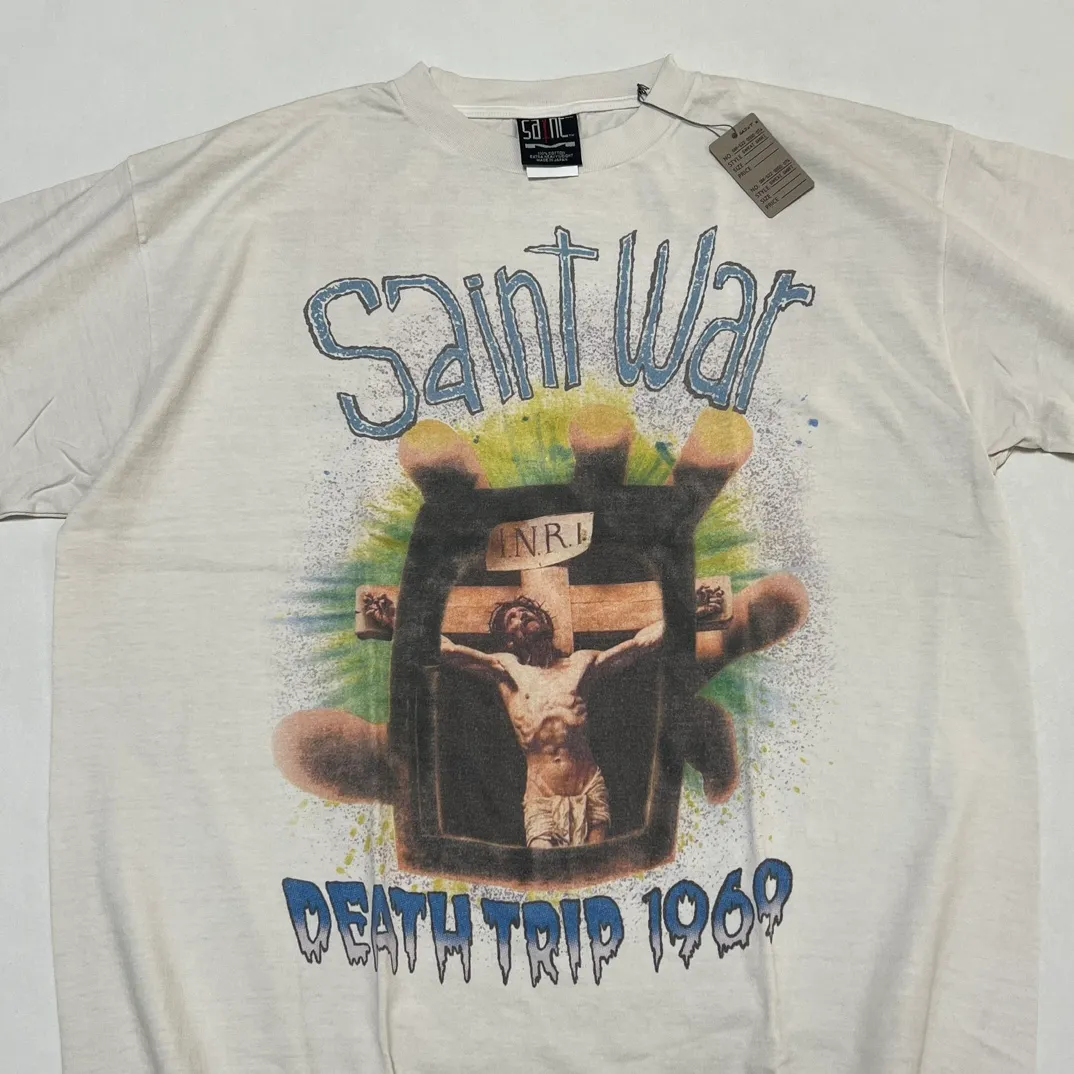 SAINT MICHAEL SAINT WAR TEE/WHAT new style Jesus cross retro short-sleeved, off-white S-XL, ready-to-wear, washed and distressed, printed repeatedly and modified, tube-woven seamless fabric, with little angel anti-counterfeiting label